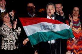 Hungarian Prime Minister Viktor Orban addresses supporters after the announcement of the partial results of parliamentary election in Budapest, Hungary, April 8, 2018. REUTERS/Bernadett Szabo
