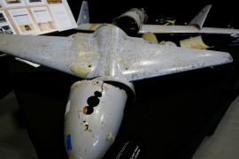 A U.S. Department of Defense exhibit shows a drone that the Pentagon says was manufactured in Iran but recovered in Yemen, as it sits on display at a military base in Washington, U.S., December 13, 2017. Picture taken December 13, 2017. REUTERS/Jim Bourg