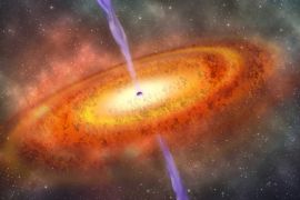 Artist's conception of the most-distant supermassive black hole ever discovered, which is part of a quasar from just 690 million years after the Big Bang is shown in this illustration released on December 6, 2017. Courtesy Robin Dienel/Carnegie Institution for Science/Handout via REUTERS ATTENTION EDITORS - THIS IMAGE HAS BEEN SUPPLIED BY A THIRD PARTY. FOR EDITORIAL USE ONLY. NO RESALES. NO ARCHIVES