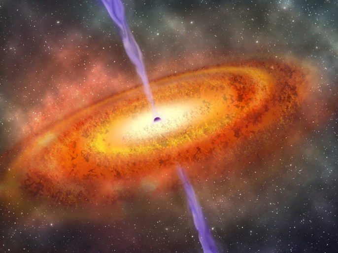 Artist's conception of the most-distant supermassive black hole ever discovered, which is part of a quasar from just 690 million years after the Big Bang is shown in this illustration released on December 6, 2017. Courtesy Robin Dienel/Carnegie Institution for Science/Handout via REUTERS ATTENTION EDITORS - THIS IMAGE HAS BEEN SUPPLIED BY A THIRD PARTY. FOR EDITORIAL USE ONLY. NO RESALES. NO ARCHIVES