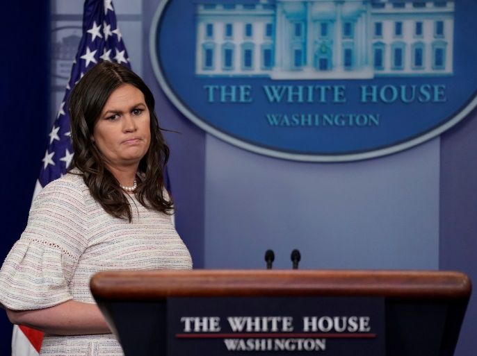 U.S. White House Press Secretary Sarah Huckabee Sanders holds the daily briefing at the White House in Washington, DC, U.S. April 11, 2018. REUTERS/Carlos Barria