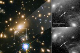 NASA’s Hubble Space Telescope image of a blue supergiant star the Icarus, the farthest individual star ever seen, is shown in this image released April 2, 2018. The panels at the right show the view in 2011, without Icarus visible, compared with the star's brightening in 2016. Courtesy NASA, ESA, and P. Kelly/University of Minnesota/HANDOUT via REUTERS ATTENTION EDITORS - THIS IMAGE HAS BEEN SUPPLIED BY A THIRD PARTY.