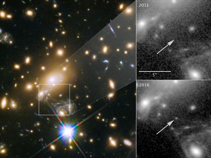 NASA’s Hubble Space Telescope image of a blue supergiant star the Icarus, the farthest individual star ever seen, is shown in this image released April 2, 2018. The panels at the right show the view in 2011, without Icarus visible, compared with the star's brightening in 2016. Courtesy NASA, ESA, and P. Kelly/University of Minnesota/HANDOUT via REUTERS ATTENTION EDITORS - THIS IMAGE HAS BEEN SUPPLIED BY A THIRD PARTY.