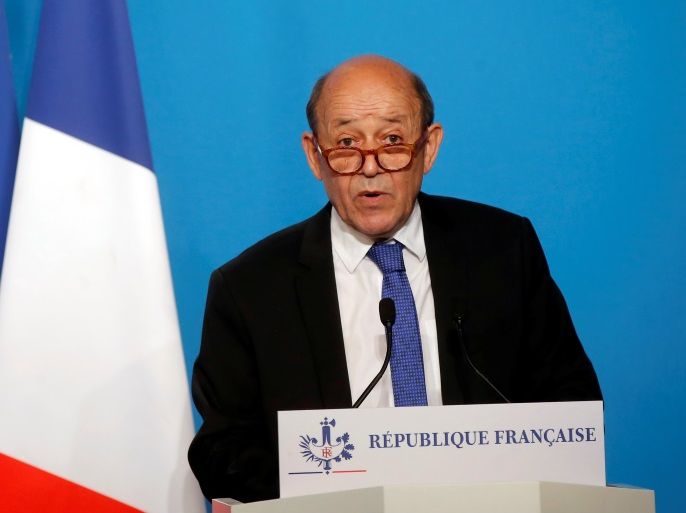 French Minister for Foreign Affairs Jean-Yves Le Drian makes an official statement with French Minister of the Armed Forces Florence Parly (not pictured) in the press room at the Elysee Palace, in Paris, France, April 14, 2018. The French military on Saturday targeted Syria's main chemicals research centre as well as two other facilities, hours after President Emmanuel Macron ordered a military intervention in Syria alongside the United States and Britain in an attack on the chemical weapons arsenal. Michel Euler/Pool via Reuters