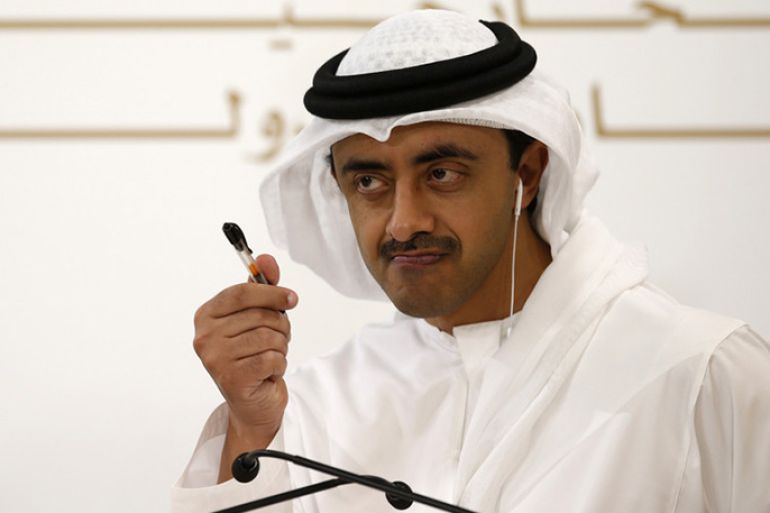 A file picture dated 07 March 2016 shows United Arab Emirates Minister of Foreign Affairs and International Co-operation Sheikh Abdullah bin Zayed bin Sultan Al Nahyan gestures during a press conference with German Foreign Minister Frank-Walter Steinmeier (not pictured) at the UAE Ministry of Foreign Affairs in Abu Dhabi, United Arab Emirate