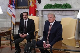 epa06659900 US President Donald J. Trump during a meeting with the Emir of Qatar Sheikh Tamim bin Hamad Al Thani (L), in the Oval Office at the White House, in Washington, DC, USA, 10 April 2018. President Trump has announced that he canceled his upcoming trip to the 8th annual Summit of the Americas in Lima, Peru. EPA-EFE/Mark Wilson / POOL