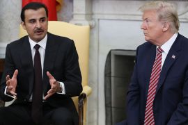 epa06659868 US President Donald J. Trump (R) listens to the Emir of Qatar Sheikh Tamim bin Hamad Al Thani (L), speak during a meeting in the Oval Office at the White House, in Washington, DC, USA, 10 April 2018. President Trump has announced that he canceled his upcoming trip to the 8th annual Summit of the Americas in Lima, Peru. EPA-EFE/Mark Wilson / POOL