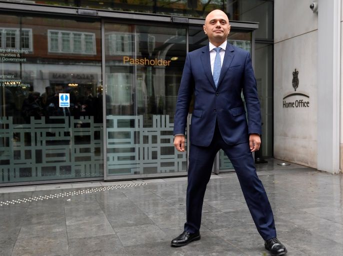 Sajid Javid stands outside the Home Office after being named as Britain's Home Secretary, in London, April 30, 2018. REUTERS/Toby Melville