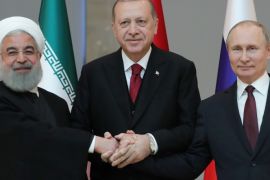 Erdogan (C), Putin (R) and Rouhani during their meeting at the Presidential Palace in Ankara 04 April 2018