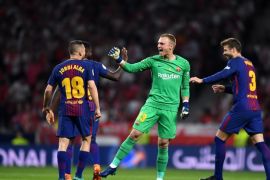 MADRID, SPAIN - APRIL 21: Barcelona keeper Marc Andre ter Stegen celebrates the teams first goal during the Spanish Copa del Rey Final between Barcelona and Sevilla at Wanda Metropolitano on April 21, 2018 in Madrid, Spain. (Photo by David Ramos/Getty Images)