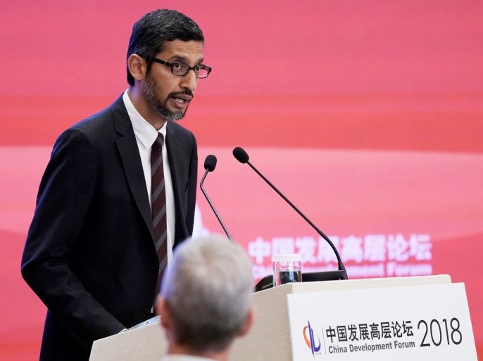 Google Inc. CEO Sundar Pichai speaks at the annual session of China Development Forum (CDF) 2018 at the Diaoyutai State Guesthouse in Beijing, China March 26, 2018. REUTERS/Jason Lee