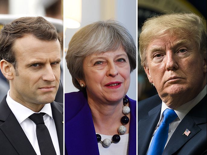 (كومبو) تجمع الرئيس الأميركي دونالد ترمب والرئيس الفرنسي إيمانويل ماكرون ورئيسة الوزراء البريطانية تيريزا ماي