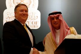 U.S. Secretary of State Mike Pompeo shakes hands with his Saudi counterpart Adel al-Jubeir during a news conference, in Riyadh, Saudi Arabia April 29, 2018. REUTERS/Faisal Al Nasser
