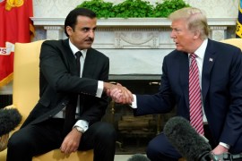 U.S. President Donald Trump meets Qatar's Emir Sheikh Tamim bin Hamad al-Thani in the Oval Office at the White House in Washington, U.S., April 10, 2018. REUTERS/Kevin Lamarque