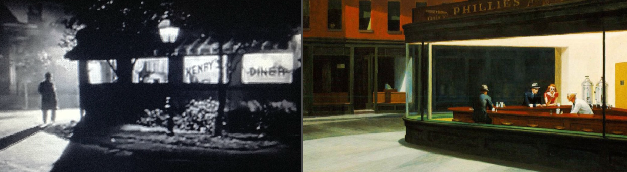 على اليسار لوح ةصقور الليل لهوبر وعلى اليمين مشهد من فيلم القتلة لروبرت سيودماك
