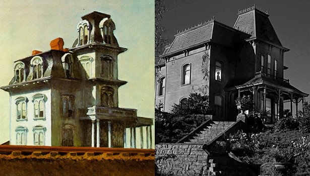 على اليمين منزل فيلم سايكو لهيتشكوك وعلى اليسار لوحة بيت بجوار السكة الحديد لإدوارد هوبر