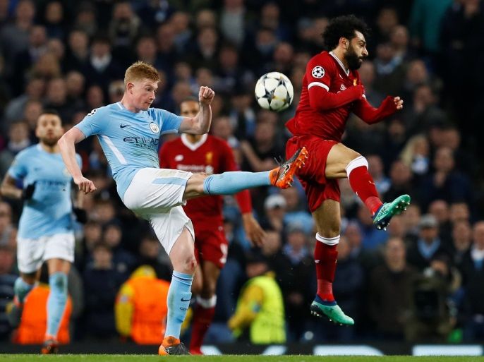 Soccer Football - Champions League Quarter Final Second Leg - Manchester City vs Liverpool - Etihad Stadium, Manchester, Britain - April 10, 2018 Manchester City's Kevin De Bruyne in action with Liverpool's Mohamed Salah Action Images via Reuters/Jason Cairnduff