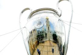KIEV, UKRAINE - MAY 25: Saint Sophia's cathedral is seen reflected on a giant replica of the UEFA Champions league trophy ahead of the UEFA Champions League final between Real Madrid and Liverpool on May 25, 2018 in Kiev, Ukraine. (Photo by David Ramos/Getty Images)