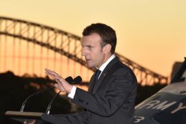 SYDNEY, AUSTRALIA - MAY 2: France's President Emmanuel Macron makes a speech on board the Australian aircraft carriier HMAS Canberra on May 2, 2018 in Sydney, Australia. Macron arrived in Australia on May 1 on a rare visit by a French president with the two sides expected to agree on greater cooperation in the Pacific to counter a rising China. (Photo by Peter Parks - Pool/Getty Images)