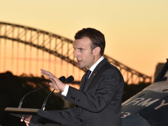 SYDNEY, AUSTRALIA - MAY 2: France's President Emmanuel Macron makes a speech on board the Australian aircraft carriier HMAS Canberra on May 2, 2018 in Sydney, Australia. Macron arrived in Australia on May 1 on a rare visit by a French president with the two sides expected to agree on greater cooperation in the Pacific to counter a rising China. (Photo by Peter Parks - Pool/Getty Images)
