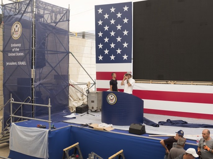 JERUSALEM, ISRAEL - MAY 13: (ISRAEL OUT) Israeli workers prepare the ceremony stage inside the US consulate that will act as the new US embassy in May 13, 2018 in Jerusalem, Israel. Trump's administration will officially transfer the ambassador's offices to the consulate building and temporarily use it as the new US Embassy in Jerusalem as of 14 May 2018. Trump in December 2017 recognized Jerusalem as Israel's capital and announced an embassy move from Tel Aviv, prompting protests in the occupied Palestinian territories and several Muslim-majority countries. (Photo by Lior Mizrahi/Getty Images)