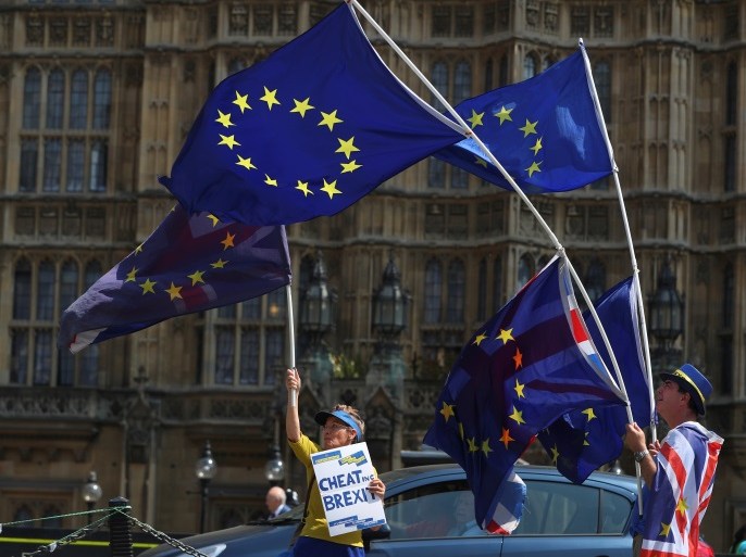 Anti-Brexit protesters waves EU and Union flags opposite the Houses of Parliament, on a sunny day in London, Britain, May 8, 2018. REUTERS/Hannah McKay