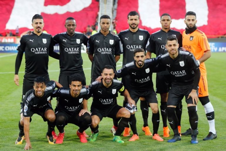 epa06673667 Al Sadd players pose for a team picture during the AFC Champions League soccer match between Perspolis FC and Al Sadd SC at the Azadi Stadium in Tehran, Iran, 16 April 2018. EPA-EFE/ABEDIN TAHERKENAREH