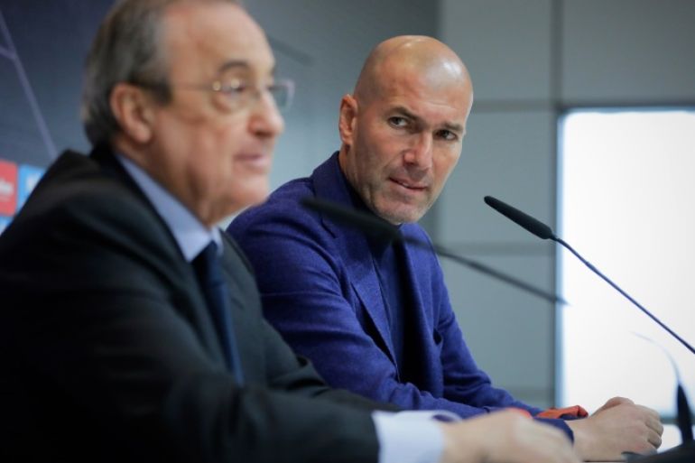 MADRID, SPAIN - MAY 31: Real Madrid CF president Florentino Perez (L) and Zinedine Zidane (R) attend a press conference to announce his resignation as Real Madrid coach at Valdebebas Sport City on May 31, 2018 in Madrid, Spain. Zidane steps down from the position of Manager of Real Madrid, after leading the club to it's third consecutive UEFA Champions League title. (Photo by Gonzalo Arroyo Moreno/Getty Images)