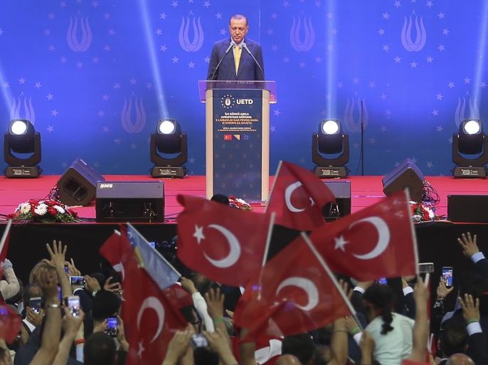 Turkish President Tayyip Erdogan stands on the stage while addressing supporters during a pre-election rally in Sarajevo, Bosnia and Herzegovina May 20, 2018. REUTERS/Dado Ruvic