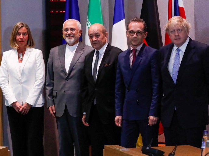 Britain's Foreign Secretary Boris Johnson, German Foreign Minister Heiko Maas, French Foreign Minister Jean-Yves Le Drian and EU High Representative for Foreign Affairs Federica Mogherini take part in meeting with Iran's Foreign Minister Mohammad Javad Zarif in Brussels, Belgium, May 15, 2018. REUTERS/Yves Herman/Pool