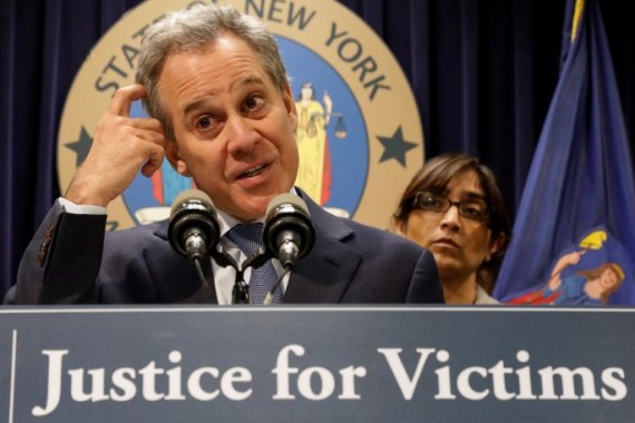 New York Attorney General Eric Schneiderman speaks during a news conference to discuss the civil rights lawsuit filed against The Weinstein Companies and Harvey Weinstein in New York, U.S., February 12, 2018. REUTERS/Brendan McDermid