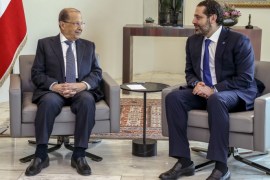 epa06760858 A handout made available by the official Lebanese photo agency Dalati Nohra shows Lebanese President Michel Aoun (L) meets with Lebanese Prime Minister Saad Hariri (R) at the presidential palace in Baabda, east of Beirut, Lebanon 24 May 2018. After a consultation with Lebanese president Michel Aoun, the Lebanese parliament members appointed Saad Hariri as prime minister for a third term in office on 24 May 2018, where President of republic Michel Aoun summon