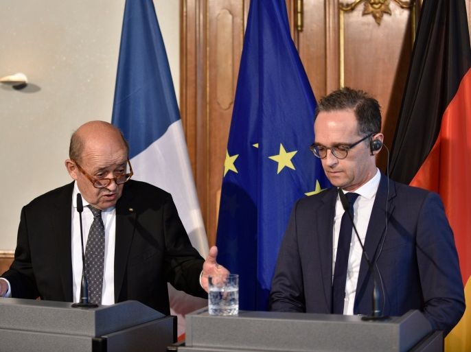 German Federal Minister for Foreign Affairs, Heiko Maas of the Social Democratic Party (R, SPD) and French Foreign Minister Jean-Yves Le Drian (L) during a joint press conference before a meeting at Villa Borsig in Berlin, Germany, 07 May 2018. Maas and Le Drian met to discuss bilateral, European and international issues. EPA-EFE/MARKUS HEINE