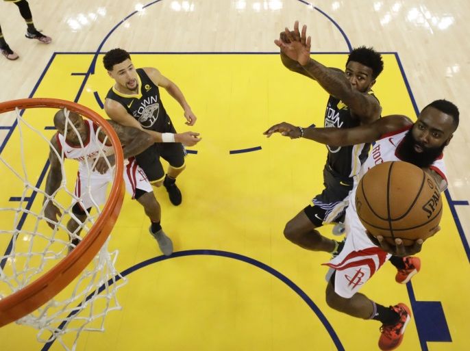 May 22, 2018; Oakland, CA, USA; Houston Rockets guard James Harden (13) shoots the basketball against Golden State Warriors center Jordan Bell (2) during the second half in game four of the Western conference finals of the 2018 NBA Playoffs at Oracle Arena. Mandatory Credit: Marcio Jose Sanchez/Pool Photo via USA TODAY Sports