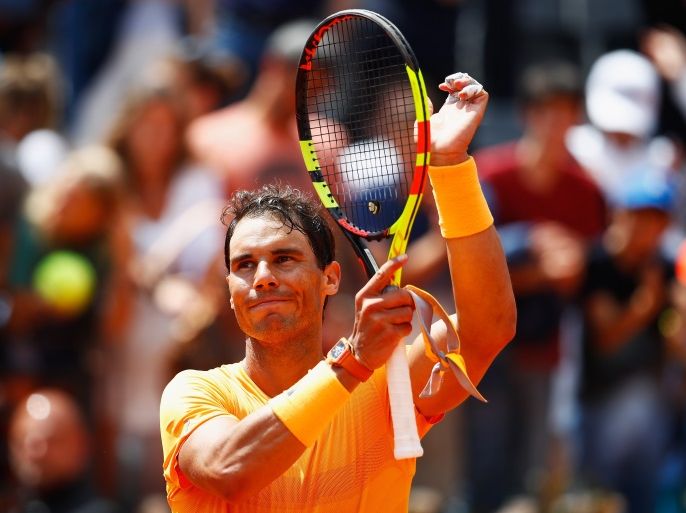 ROME, ITALY - MAY 18: Rafael Nadal of Spain celebrates after defeating Fabio Fognini of Italy his Quarter Final match during day six of The Internazionali BNL d'Italia 2018 at Foro Italico on May 18, 2018 in Rome, Italy. (Photo by Julian Finney/Getty Images)