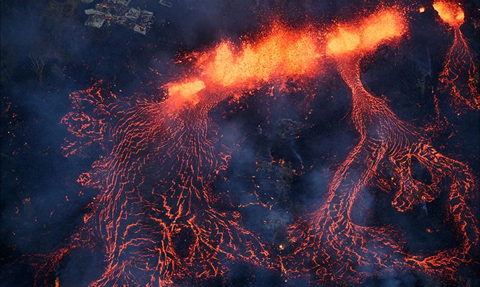 06716091 Activity continues on Kilauea's east rift zone, as a fissure eruption fountains more than 200 feet into the air, consuming all in its path., near Pahoa, Hawaii, USA, 06 May 2018