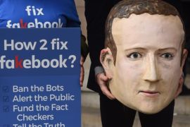 epa06693771 A protester wearing a mask depicting Facebook's CEO, Mark Zuckerberg, flanked by two protesters wearing angry emoji masks protest outside Portcullis House in central London, Britain, 26 April 2018. Facebook’s CTO Mike Schroepfer's is scheduled to appear at Portcullis House infront of British Members of Parliament on the Digital, Culture, Media and Sport Select Committee in the wake of allegations that information on millions of its users was misused. EPA-E