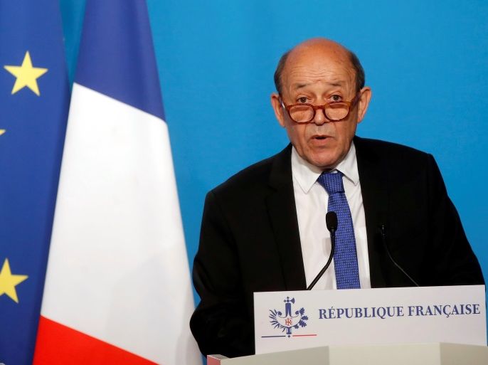 French Minister for Foreign Affairs Jean-Yves Le Drian makes an official statement with French Minister of the Armed Forces Florence Parly (not pictured) in the press room at the Elysee Palace, in Paris, France, April 14, 2018. The French military on Saturday targeted Syria's main chemicals research centre as well as two other facilities, hours after President Emmanuel Macron ordered a military intervention in Syria alongside the United States and Britain in an attack