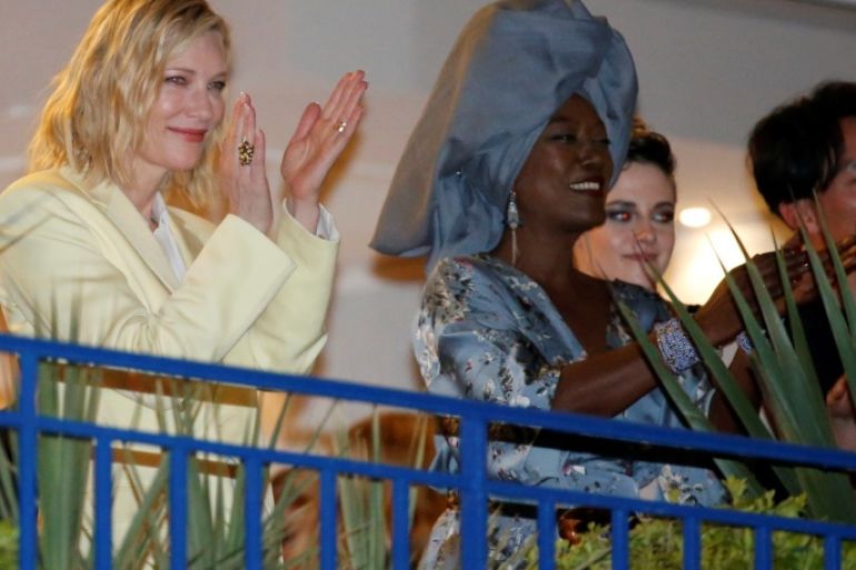 71st Cannes Film Festival – Cannes, France, May 7, 2018. Cate Blanchett, Jury President of the 71st Cannes Film Festival, and Jury members Khadja Nin, Kristen Stewart and Chang Chen stand on a balcony at the Grand Hyatt Cannes Hotel Martinez on the eve of the opening of the festival. REUTERS/Jean-Paul Pelissier