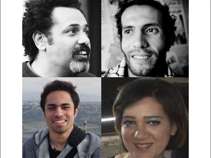 ثم محمدين (أعلى اليمين)، وائل عباس (أعلى اليسار)، أمل فتحي (أسفل اليمين)، وشادي أبو زيد (أسفل اليسار)، اعتُقلوا جميعا هذا الشهر بتهم مثل الانضمام إلى "جماعة محظورة" أو "جماعة "إرهابية" ونشر "أخبار كاذبة".
