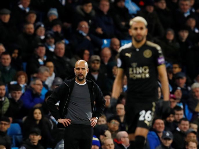 Soccer Football - Premier League - Manchester City vs Leicester City - Etihad Stadium, Manchester, Britain - February 10, 2018 Manchester City manager Pep Guardiola and Leicester City's Riyad Mahrez Action Images via Reuters/Jason Cairnduff EDITORIAL USE ONLY. No use with unauthorized audio, video, data, fixture lists, club/league logos or