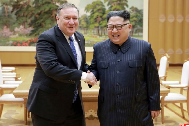 North Korean leader Kim Jong Un shakes hands with U.S. Secretary of State Mike Pompeo in this May 9, 2018 photo released on May 10, 2018 by North Korea's Korean Central News Agency (KCNA) in Pyongyang. KCNA/via REUTERS ATTENTION EDITORS - THIS PICTURE WAS PROVIDED BY A THIRD PARTY. REUTERS IS UNABLE TO INDEPENDENTLY VERIFY THE AUTHENTICITY, CONTENT, LOCATION OR DATE OF THIS IMAGE. NO THIRD PARTY SALES. SOUTH KOREA OUT. TPX IMAGES OF THE DAY