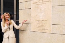 Senior White House Adviser Ivanka Trump gestures as she stands next to the dedication plaque at the U.S. embassy in Jerusalem, during the dedication ceremony of the new U.S. embassy in Jerusalem, May 14, 2018. REUTERS/Ronen Zvulun