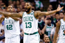 May 9, 2018; Boston, MA, USA; Boston Celtics forward Marcus Morris (13) reacts to a foul in the first half against the Philadelphia 76ers in game five of the second round of the 2018 NBA Playoffs at the TD Garden. Mandatory Credit: Greg M. Cooper-USA TODAY Sports