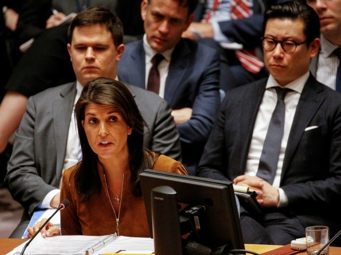 United States Ambassador to the United Nations Nikki Haley addresses the United Nations Security Council meeting on Syria at the U.N. headquarters in New York, U.S., April 9, 2018. REUTERS/Brendan McDermid