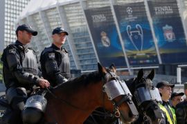 Members of the Ukrainian National Police take part in a security exercise during preparations for the Champions League final between Real Madrid and Liverpool outside the NSC Olympic stadium in Kiev, Ukraine May 15, 2018. REUTERS/Valentyn Ogirenko