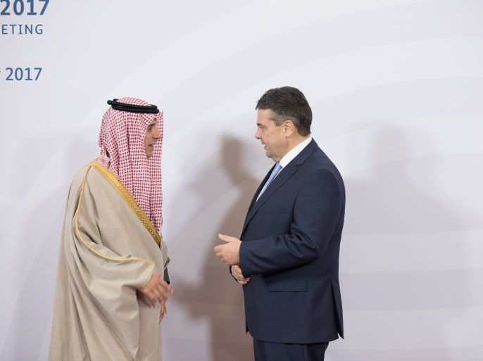 BONN, GERMANY - FEBRUARY 16: Saudi Arabian Foreign Minister Adel bin Ahmed Al- Jubeir, left, is welcomed by German Foreign Minister Sigmar Gabriel prior to a meeting of the group of 20 Foreign Ministers on February 16, 2017 in Bonn, Germany. The G-20 Foreign Ministers meet until Friday. (Photo by Frank Altmann/Pool/Getty Images)