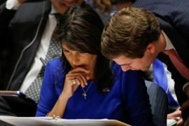 United States Ambassador to the United Nations Nikki Haley speaks with a member of her delegation during the emergency United Nations Security Council meeting on Syria at the U.N. headquarters in New York, U.S., April 14, 2018. REUTERS/Eduardo Munoz