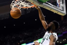 May 15, 2018; Boston, MA, USA; Boston Celtics guard Jaylen Brown (7) dunks and scores against the Cleveland Cavaliers during the third quarter in game two of the Eastern conference finals of the 2018 NBA Playoffs at TD Garden. Mandatory Credit: Bob DeChiara-USA TODAY Sports