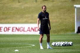 BURTON-UPON-TRENT, ENGLAND - MAY 22: Harry Kane of England looks on during an England training session at St Georges Park on May 22, 2018 in Burton-upon-Trent, England. (Photo by Nathan Stirk/Getty Images)